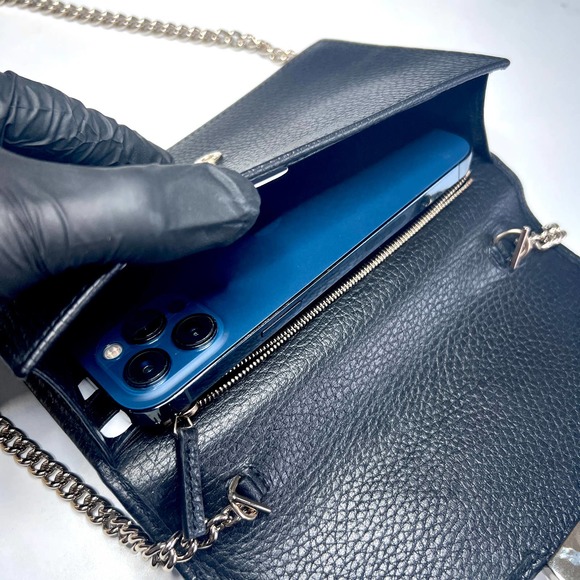 💛SOLD🖤 Black Gucci GG Interlocking Pebbled Leather Wallet On Chain - Picture 8 of 11